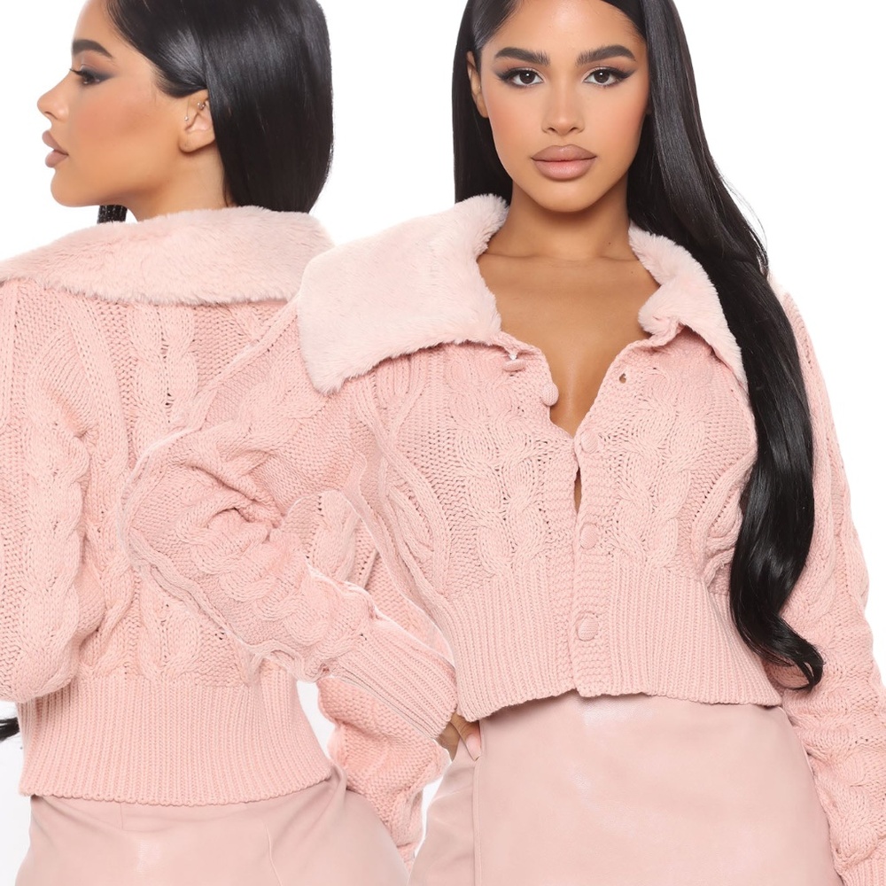 NWT FASHION NOVA Sweetest Girl Cardigan Sweater Pink Knit Faux Fur Collar